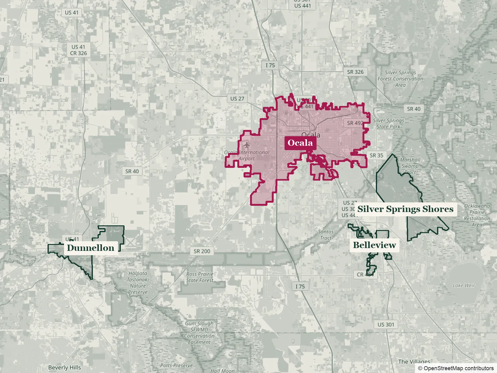 Map of Marion County around Ocala, with Ocala outlined in red and Belleview, Silver Springs Shores and Dunnellon outlined in green