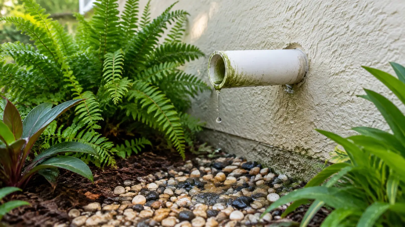 White PVC condensate drain pipe dripping onto a gravel bed beside a stucco wall