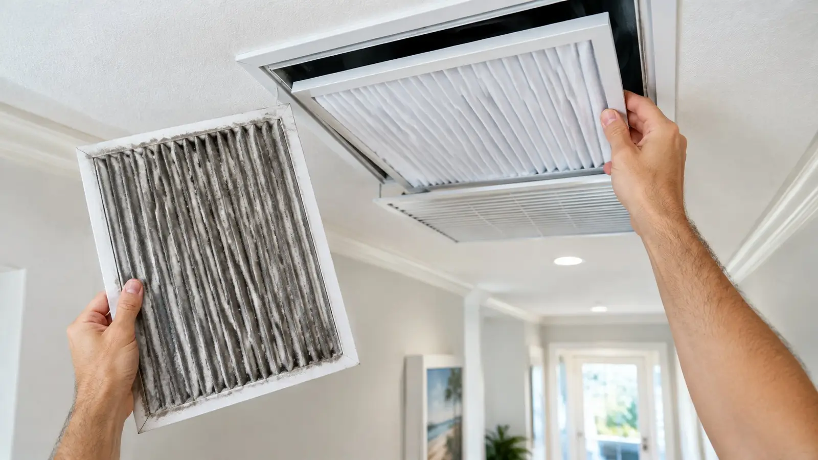 Hands swapping a dusty air filter for a clean pleated filter in a ceiling return grille