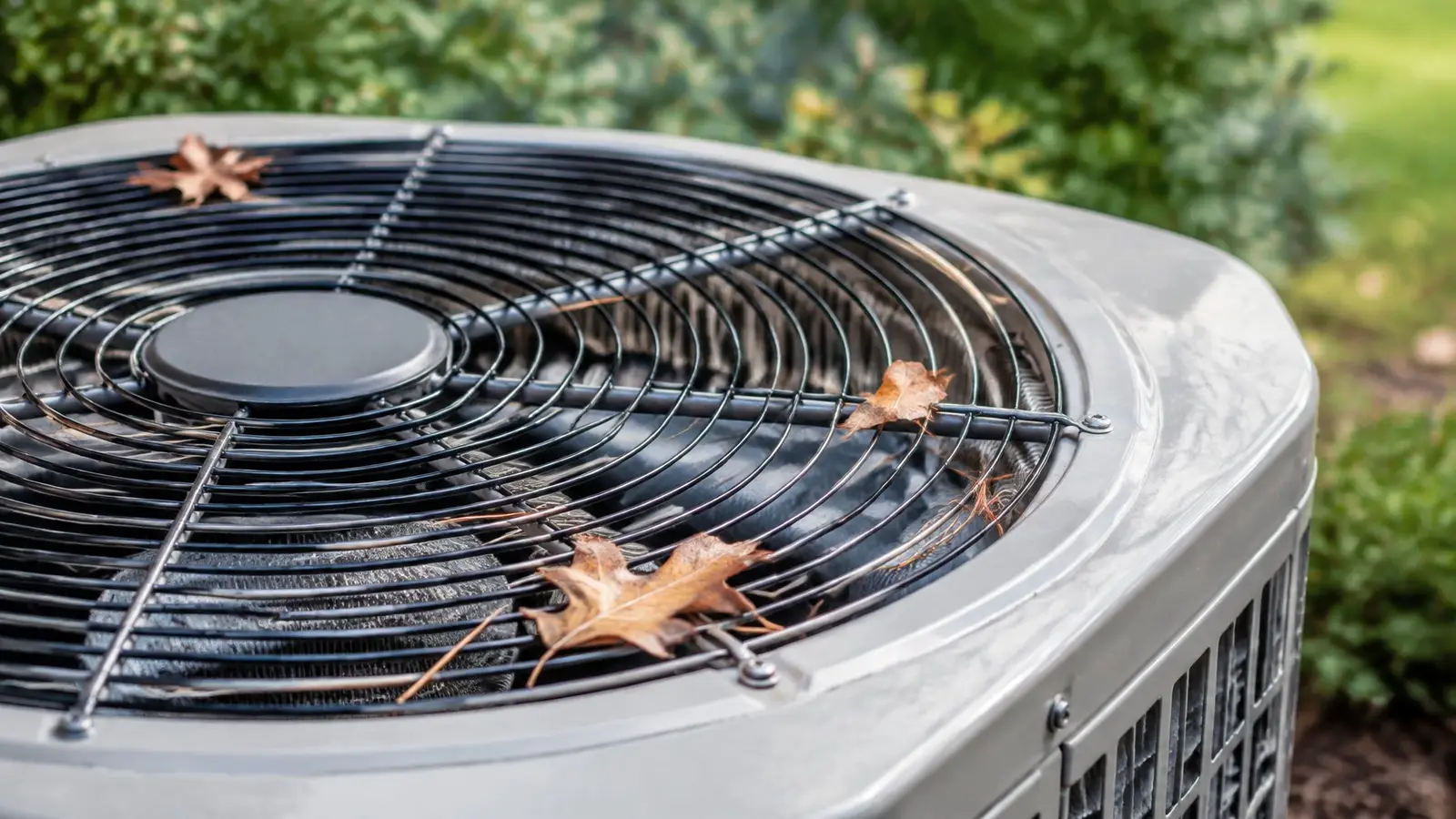 Close-up of a heat pump fan grille with oak leaves caught on it