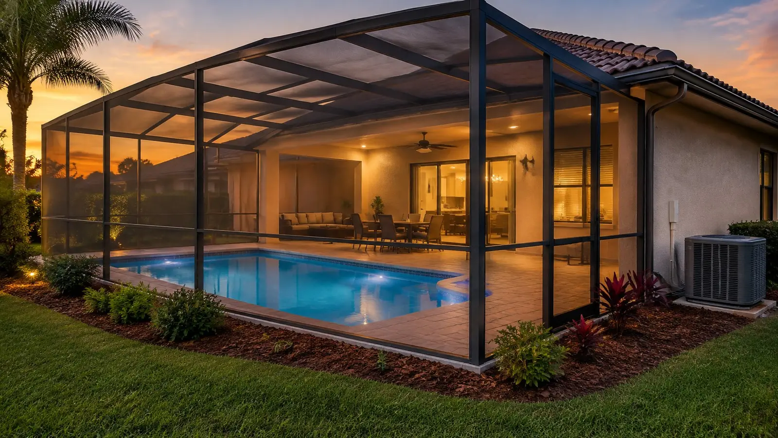 Outdoor AC unit beside a stucco home next to a screened pool enclosure at dusk