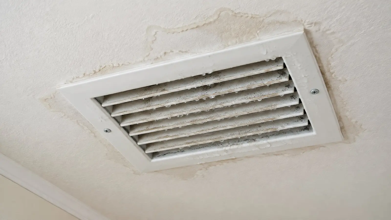Ceiling supply vent with a water stain on the ceiling around it